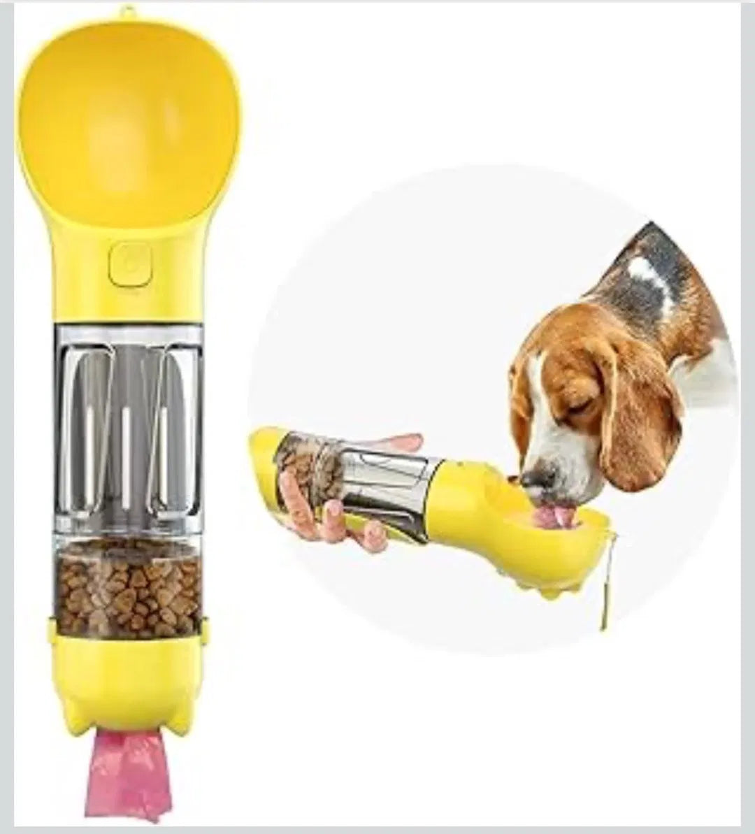 Portable 4-in-1 Dog Water Bottle with Food Storage, Poop Bag Dispenser & Scoop, 10 oz Travel Feeder for Walking, Hiking and Outdoor Trips