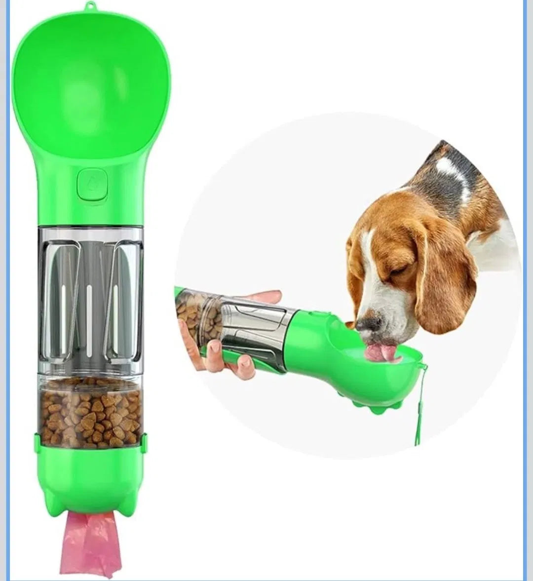Portable 4-in-1 Dog Water Bottle with Food Storage, Poop Bag Dispenser & Scoop, 10 oz Travel Feeder for Walking, Hiking and Outdoor Trips