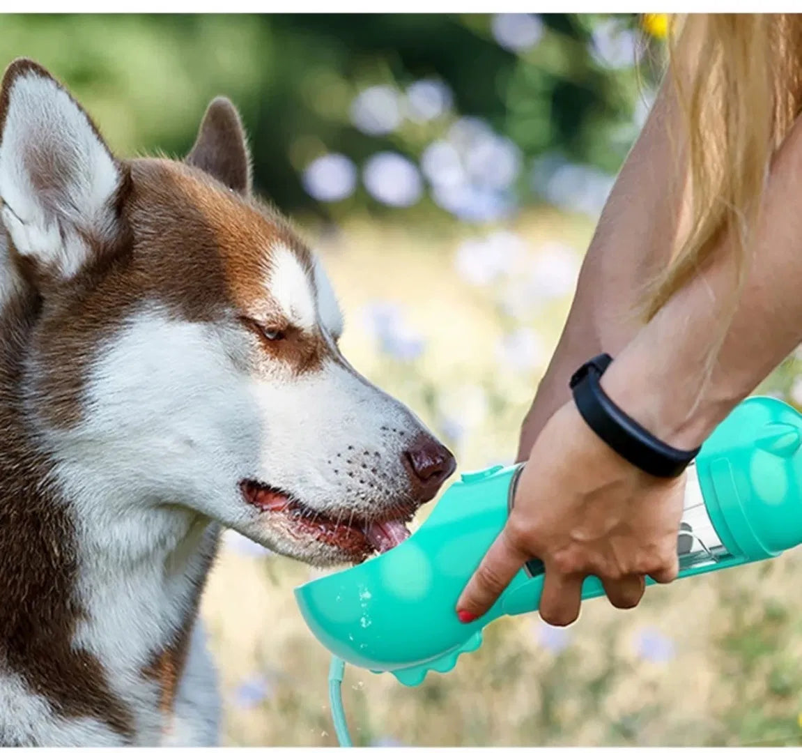 Portable 4-in-1 Dog Water Bottle with Food Storage, Poop Bag Dispenser & Scoop, 10 oz Travel Feeder for Walking, Hiking and Outdoor Trips