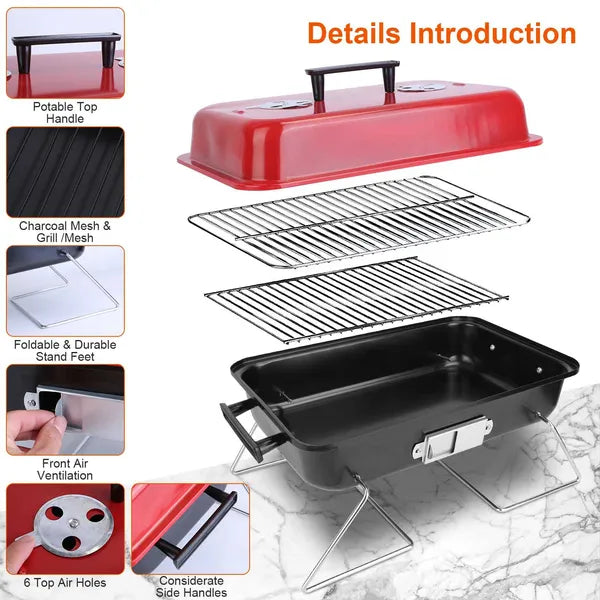 Aeelleea Portable Charcoal Grill with Lid, Foldable Small Smoker BBQ Grill for Outdoor Camping Picnic Backyard Beach Cooking