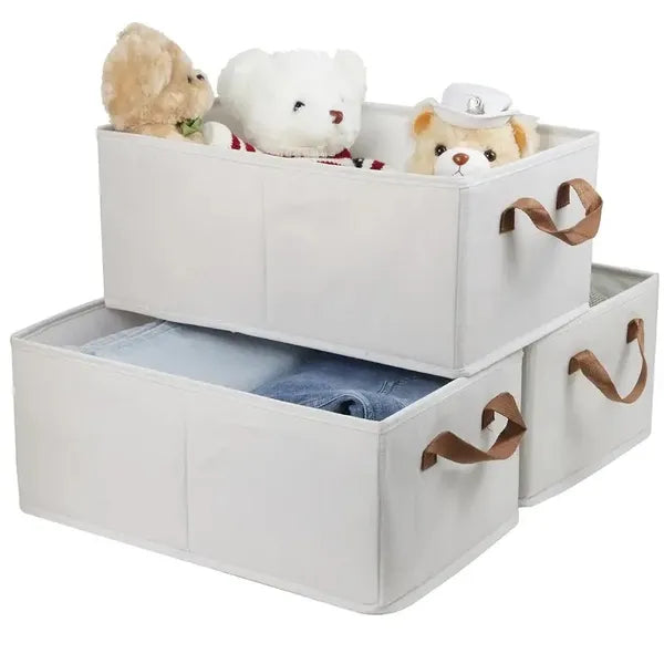 Aeelleea Foldable Fabric Storage Bin, 17.7×11×7.8 Inch Thickened Clothes Organizer Box with Handle, For Bedroom Closet Clothing Storage, White & Linen