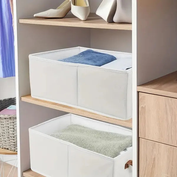 Aeelleea Foldable Fabric Storage Bin, 17.7×11×7.8 Inch Thickened Clothes Organizer Box with Handle, For Bedroom Closet Clothing Storage, White & Linen