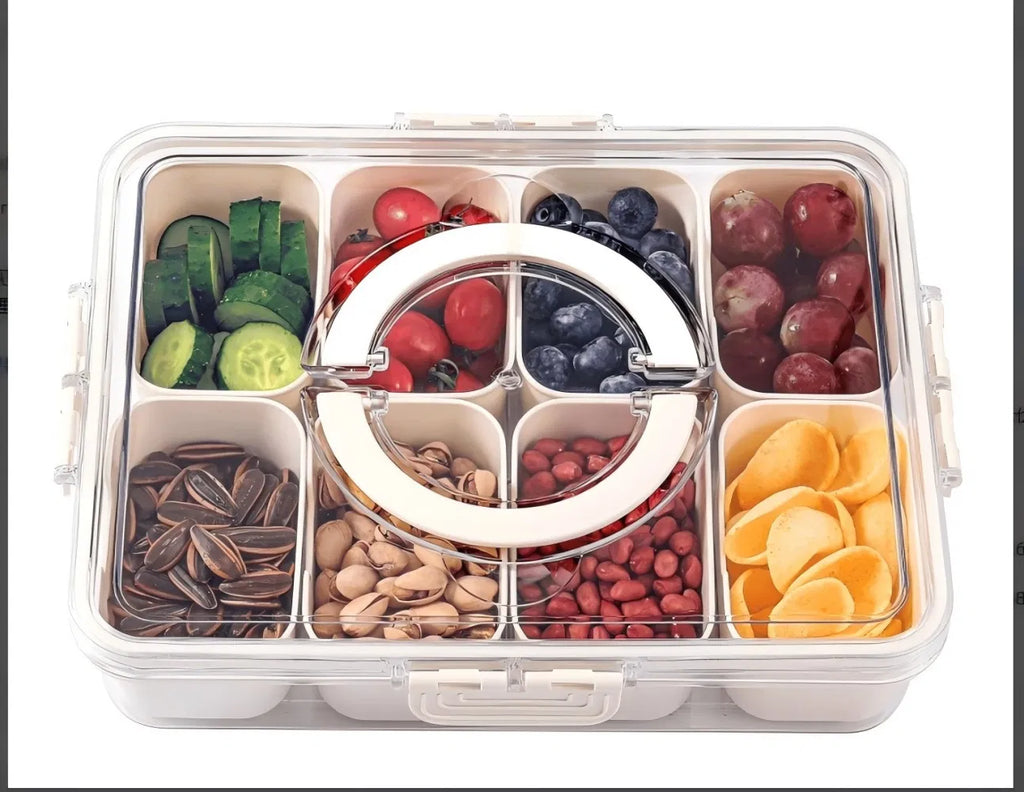 8-Compartment Portable Divided Box, Snap-Lock Lid with Handle, Party Fresh Veggie & Nut Serving Tray - White