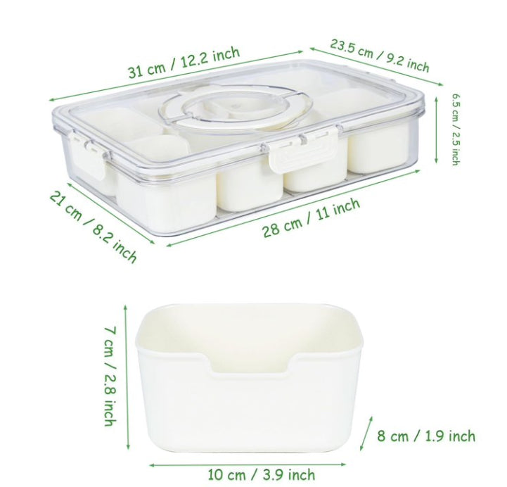 8-Compartment Portable Divided Box, Snap-Lock Lid with Handle, Party Fresh Veggie & Nut Serving Tray - White