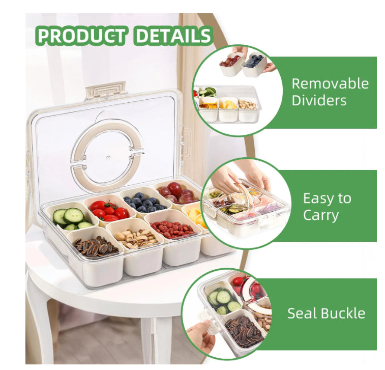8-Compartment Portable Divided Box, Snap-Lock Lid with Handle, Party Fresh Veggie & Nut Serving Tray - White