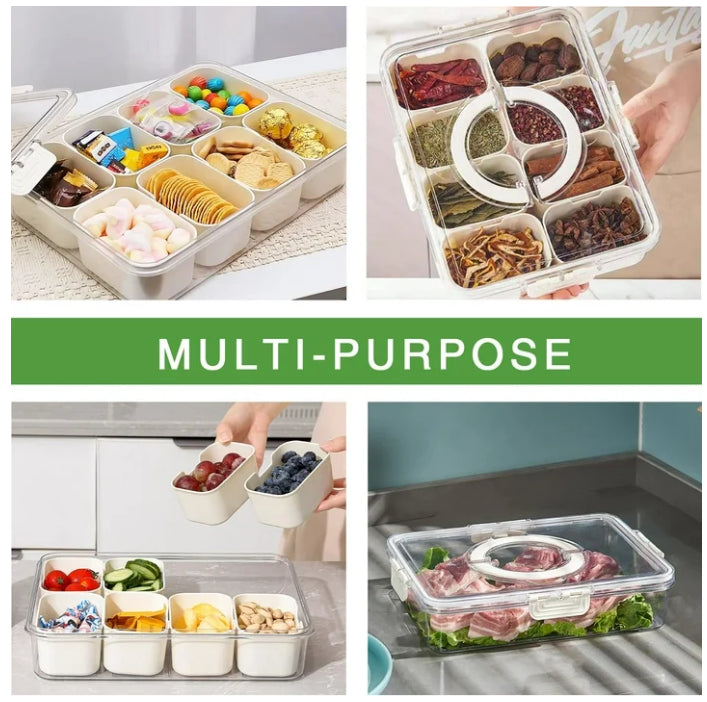 8-Compartment Portable Divided Box, Snap-Lock Lid with Handle, Party Fresh Veggie & Nut Serving Tray - White