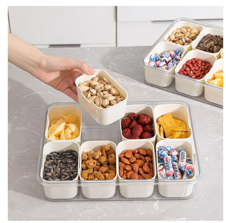8-Compartment Portable Divided Box, Snap-Lock Lid with Handle, Party Fresh Veggie & Nut Serving Tray - White