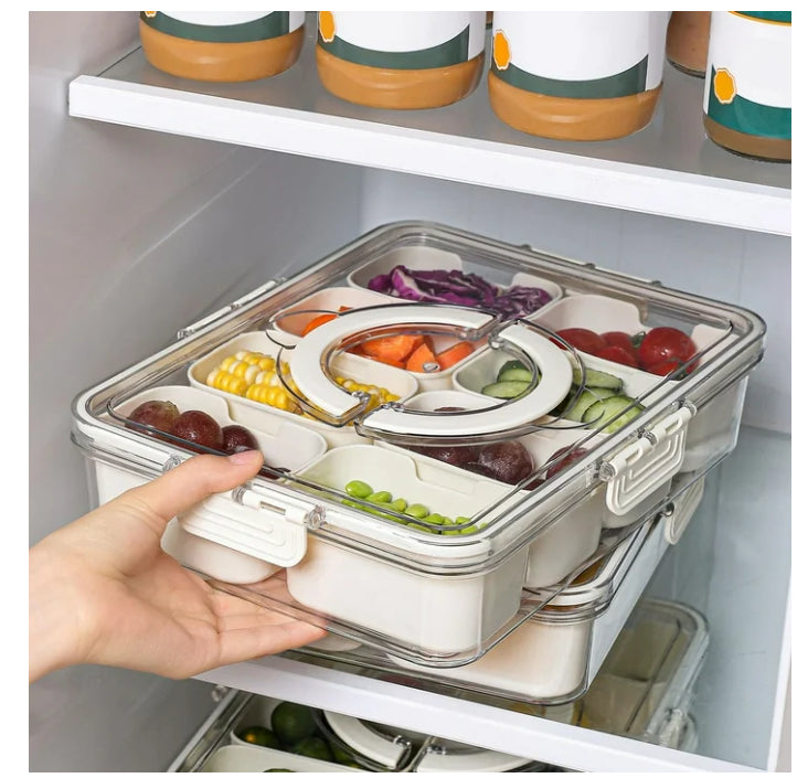 8-Compartment Portable Divided Box, Snap-Lock Lid with Handle, Party Fresh Veggie & Nut Serving Tray - White
