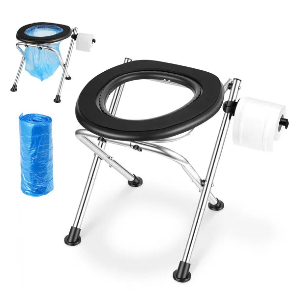 Folding Portable Toilet Seat, Stainless Steel Frame EVA Cushioned Commode Chair with Paper Holder, 350Lbs Load for Camping Elderly Pregnant