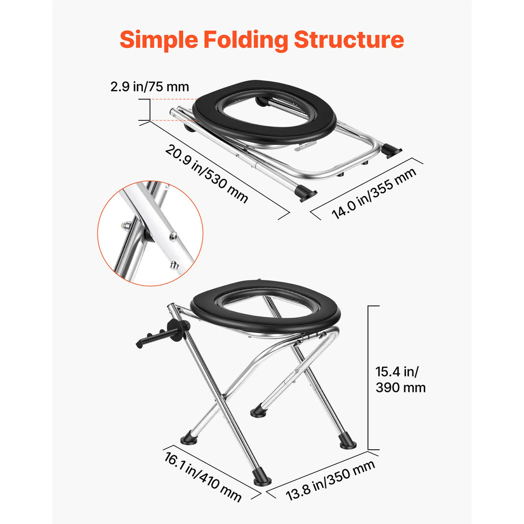 Folding Portable Toilet Seat, Stainless Steel Frame EVA Cushioned Commode Chair with Paper Holder, 350Lbs Load for Camping Elderly Pregnant