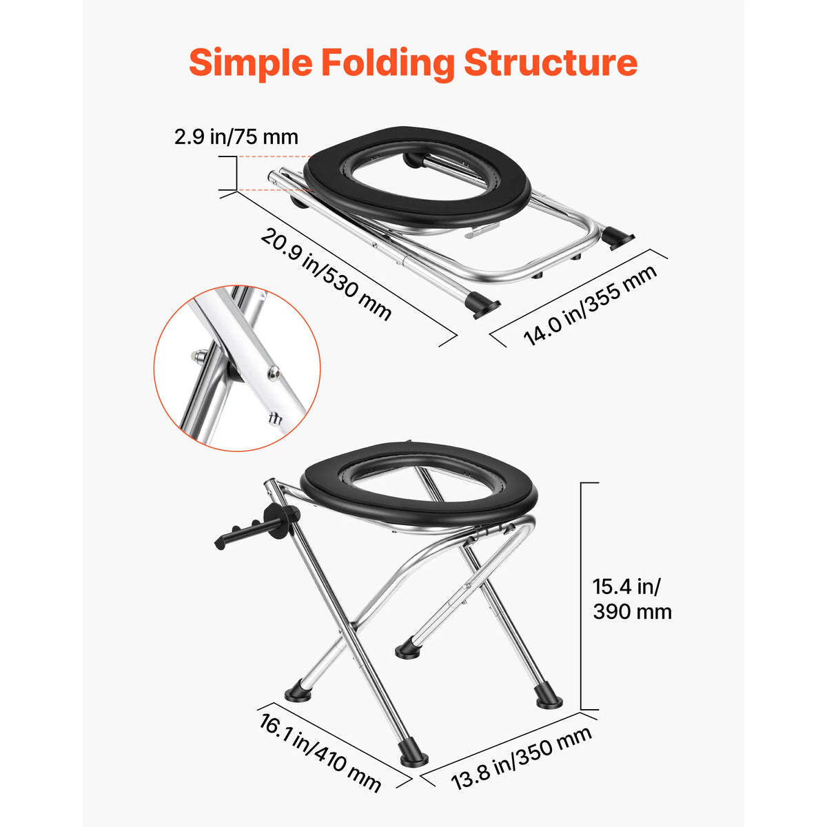 Folding Portable Toilet Seat, Stainless Steel Frame EVA Cushioned Commode Chair with Paper Holder, 350Lbs Load for Camping Elderly Pregnant