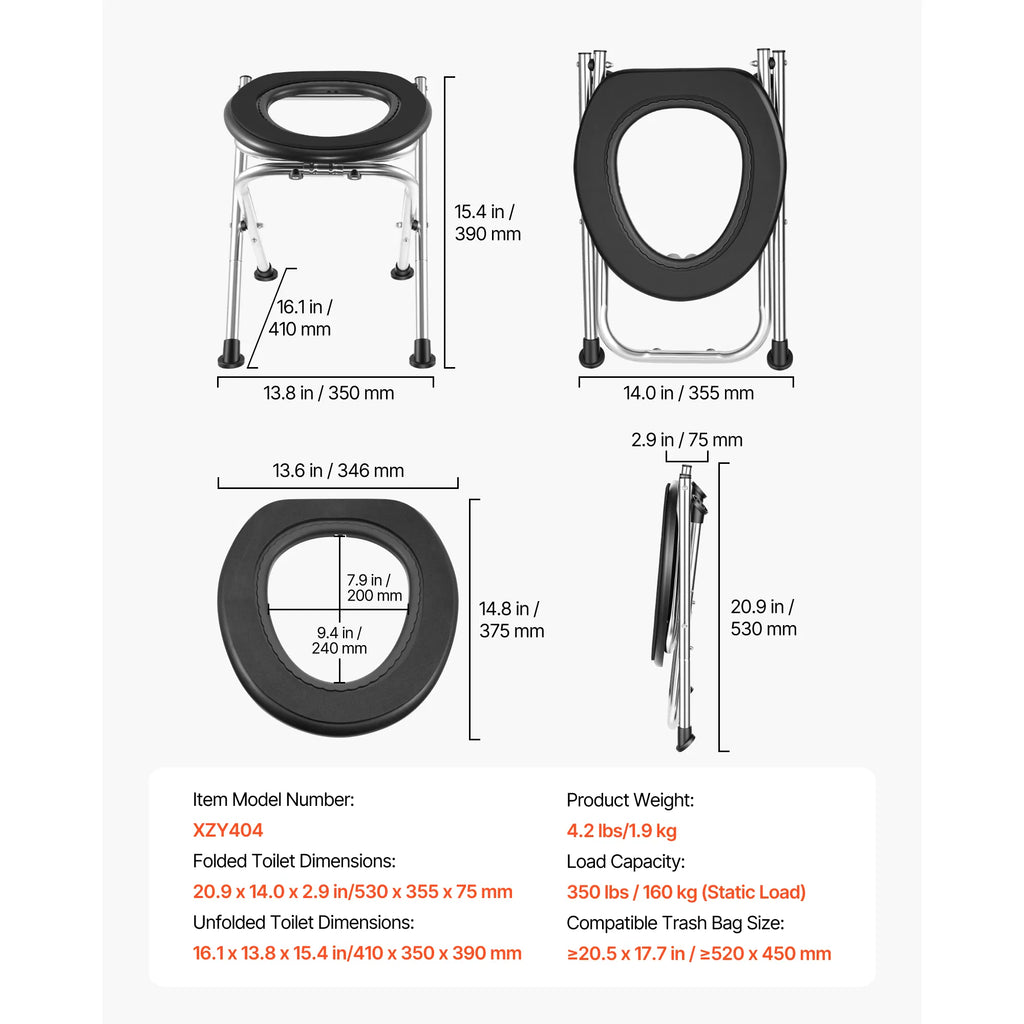 Folding Portable Toilet Seat, Stainless Steel Frame EVA Cushioned Commode Chair with Paper Holder, 350Lbs Load for Camping Elderly Pregnant