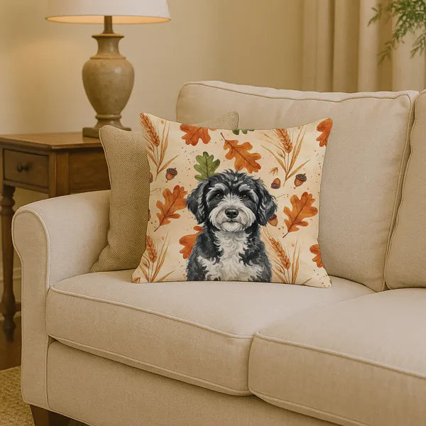 Aeelleea Portuguese Water Dog Heirloom Fall Pillow 14x14 in, Autumn Dog Cushion
