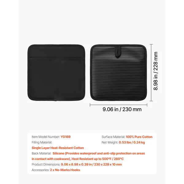 Aeelleea Pot Holders, 9.06x8.98in Heat Resistant 500°F Hot Pads, Anti-Slip Silicone Strips Cotton Trivets with Hooks, 2 Pack for Kitchen BBQ