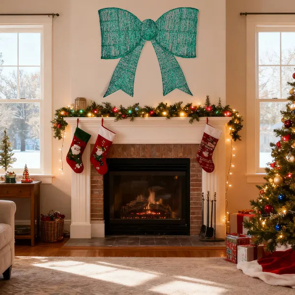 Aeelleea Pre-Lit Giant Green Bow Christmas Decor, 28.3×26.8 Inch Metal Bow with 124 Green LED Lights for Door Wall Indoor Outdoor Holiday Decor