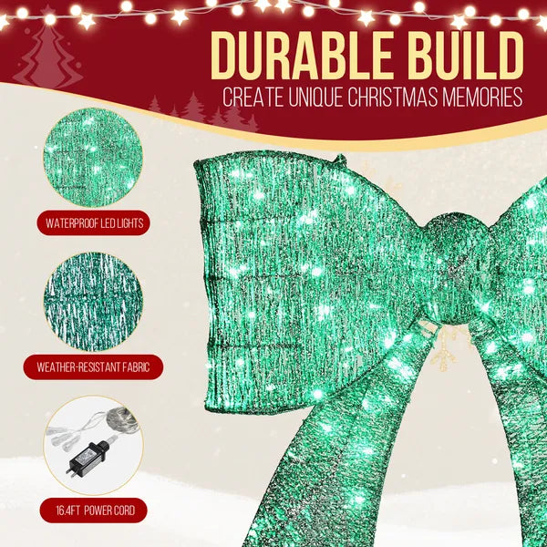Aeelleea Pre-Lit Giant Green Bow Christmas Decor, 28.3×26.8 Inch Metal Bow with 124 Green LED Lights for Door Wall Indoor Outdoor Holiday Decor