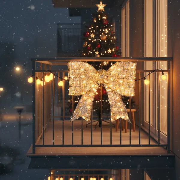 Aeelleea Pre-Lit Giant Gold Bow Christmas Decor, 28.3×26.8 Inch Metal Bow with 124 Warm White LED Lights for Door Wall Indoor Outdoor Holiday Decor