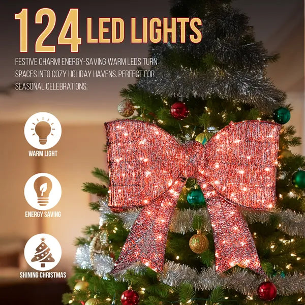Aeelleea Pre-Lit Giant Red Bow Christmas Decor, 28.3×26.8 Inch Metal Bow with 124 Warm White LED Lights for Door Wall Indoor Outdoor Holiday Decor