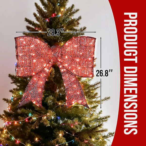 Aeelleea Pre-Lit Giant Red Bow Christmas Decor, 28.3×26.8 Inch Metal Bow with 124 Warm White LED Lights for Door Wall Indoor Outdoor Holiday Decor