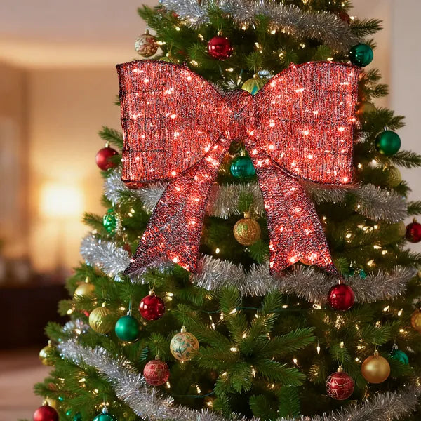 Aeelleea Pre-Lit Giant Red Bow Christmas Decor, 28.3×26.8 Inch Metal Bow with 124 Warm White LED Lights for Door Wall Indoor Outdoor Holiday Decor