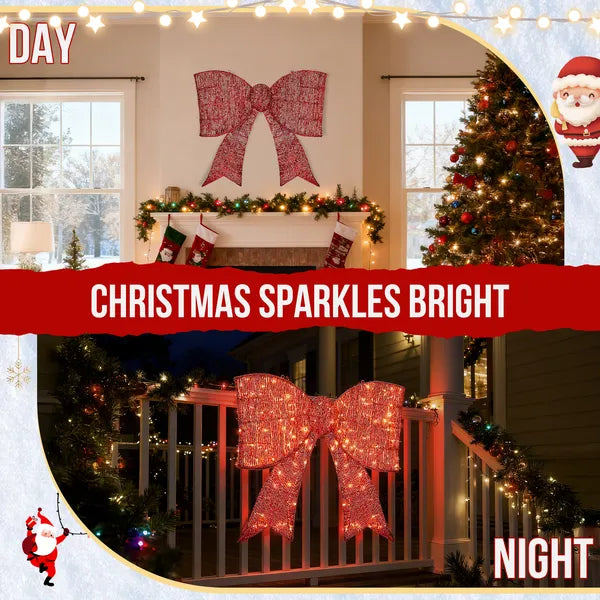 Aeelleea Pre-Lit Giant Red Bow Christmas Decor, 28.3×26.8 Inch Metal Bow with 124 Warm White LED Lights for Door Wall Indoor Outdoor Holiday Decor
