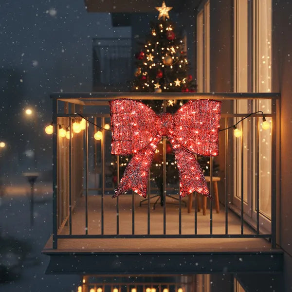 Aeelleea Pre-Lit Giant Red Bow Christmas Decor, 28.3×26.8 Inch Metal Bow with 124 Warm White LED Lights for Door Wall Indoor Outdoor Holiday Decor