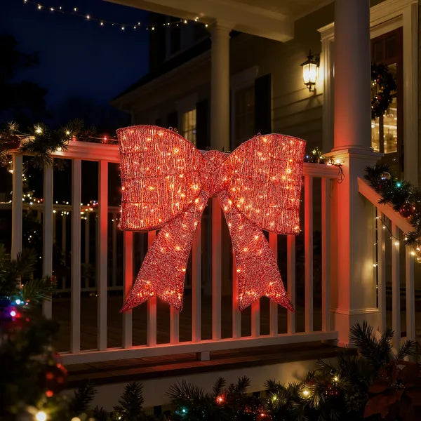 Aeelleea Pre-Lit Giant Red Bow Christmas Decor, 28.3×26.8 Inch Metal Bow with 124 Warm White LED Lights for Door Wall Indoor Outdoor Holiday Decor