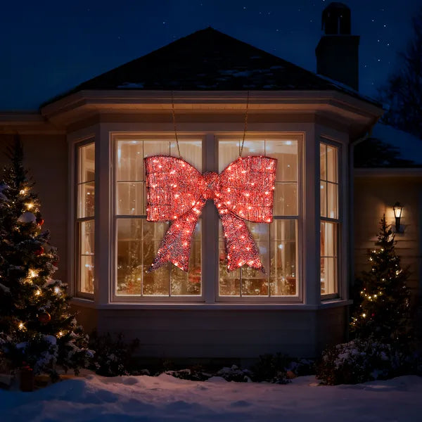 Aeelleea Pre-Lit Giant Red Bow Christmas Decor, 28.3×26.8 Inch Metal Bow with 124 Warm White LED Lights for Door Wall Indoor Outdoor Holiday Decor