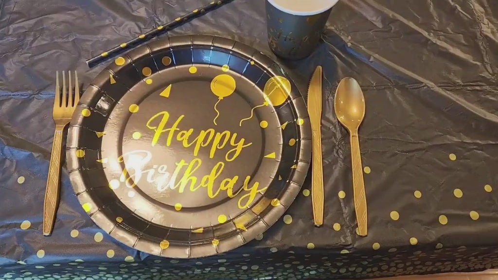 AEELLEEA 200 Piece Black Gold Birthday Party Supplies Set, Disposable Dinnerware for 25 Guests, Plates Cups Gold Cutlery Straws