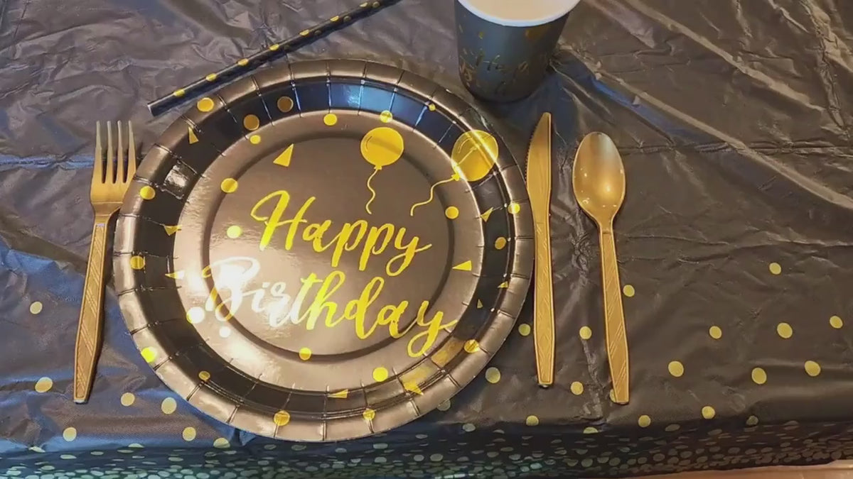 AEELLEEA 200 Piece Black Gold Birthday Party Supplies Set, Disposable Dinnerware for 25 Guests, Plates Cups Gold Cutlery Straws
