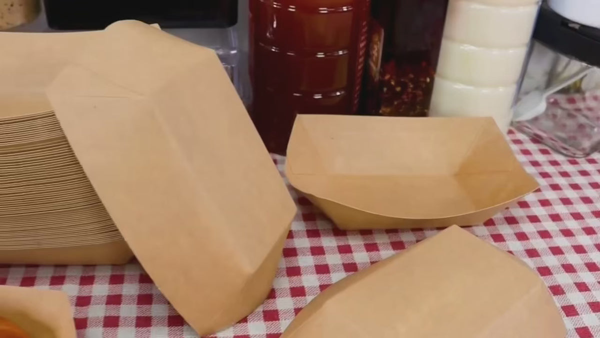 > AEELLEEA 100 Pack Paper Food Trays, Disposable Kraft Paper Boat Plates for Hot Dogs Fries Snacks BBQ Party