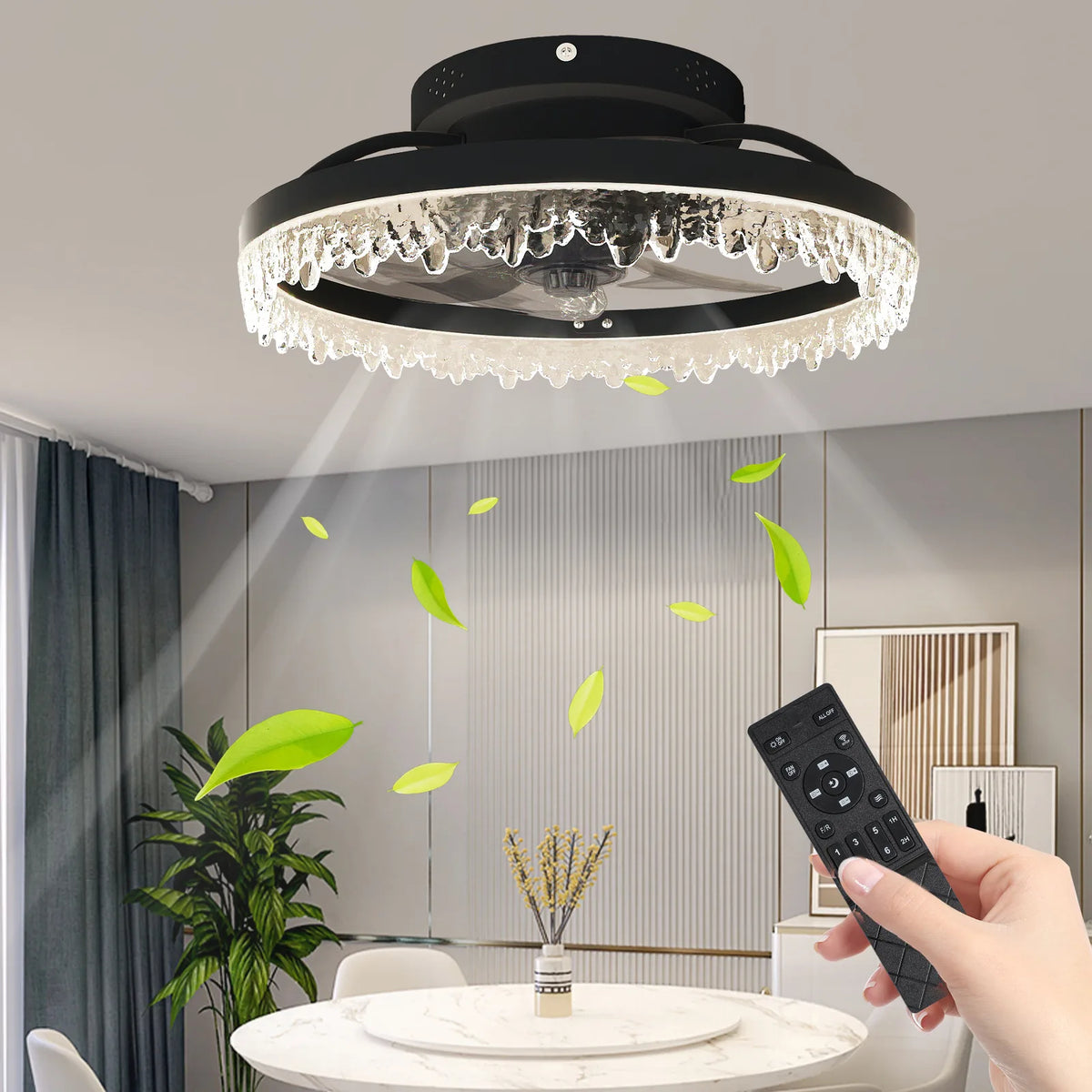 AEELLEEA 16" Ceiling Fan Light, Flush Mount LED Fandelier, 5 Invisible Blades, Dimmable, Remote & App, Bedroom Living Room, Black