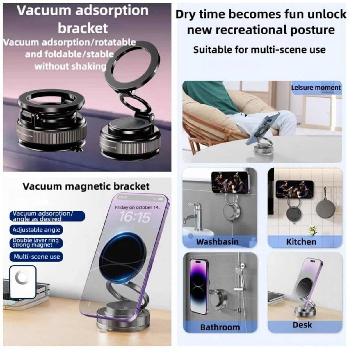 AEELLEEA Vacuum Suction Magnetic Phone Mount, 360° Rotatable Foldable Phone Holder for Car Dashboard, Windshield, Desk, Bathroom Multi-Scene Use