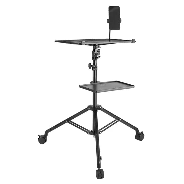 Aeelleea Rolling Projector Tripod Stand, 31.3-67.3 Inch Adjustable Laptop Stand with 2 Trays, Gooseneck Phone Holder for Home Office Studio Outdoor Use