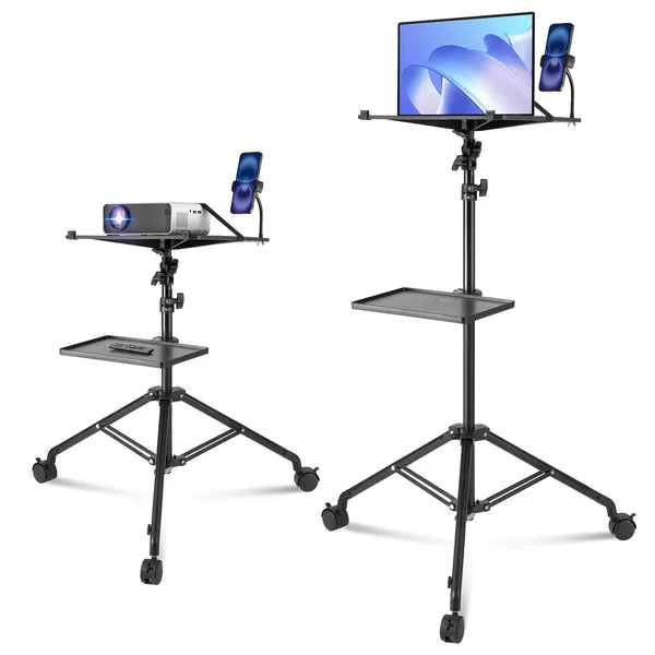 Aeelleea Rolling Projector Tripod Stand, 31.3-67.3 Inch Adjustable Laptop Stand with 2 Trays, Gooseneck Phone Holder for Home Office Studio Outdoor Use