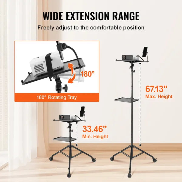 Aeelleea Rolling Projector Tripod Stand, 31.3-67.3 Inch Adjustable Laptop Stand with 2 Trays, Gooseneck Phone Holder for Home Office Studio Outdoor Use