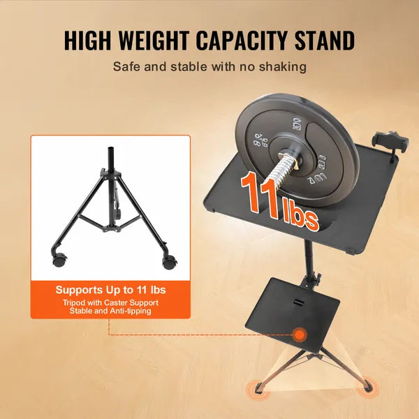 Aeelleea Rolling Projector Tripod Stand, 31.3-67.3 Inch Adjustable Laptop Stand with 2 Trays, Gooseneck Phone Holder for Home Office Studio Outdoor Use