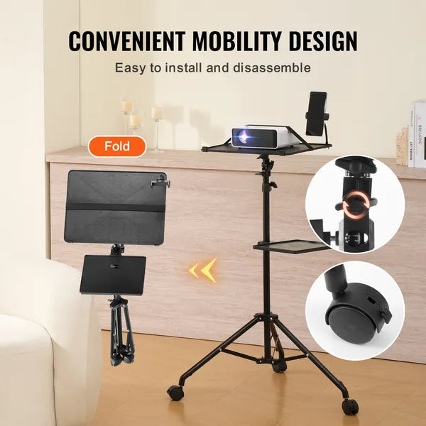 Aeelleea Rolling Projector Tripod Stand, 31.3-67.3 Inch Adjustable Laptop Stand with 2 Trays, Gooseneck Phone Holder for Home Office Studio Outdoor Use