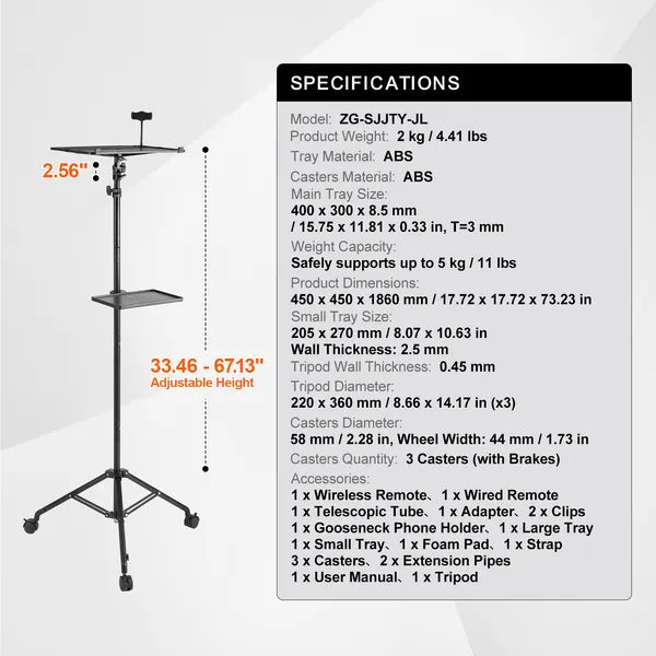 Aeelleea Rolling Projector Tripod Stand, 31.3-67.3 Inch Adjustable Laptop Stand with 2 Trays, Gooseneck Phone Holder for Home Office Studio Outdoor Use