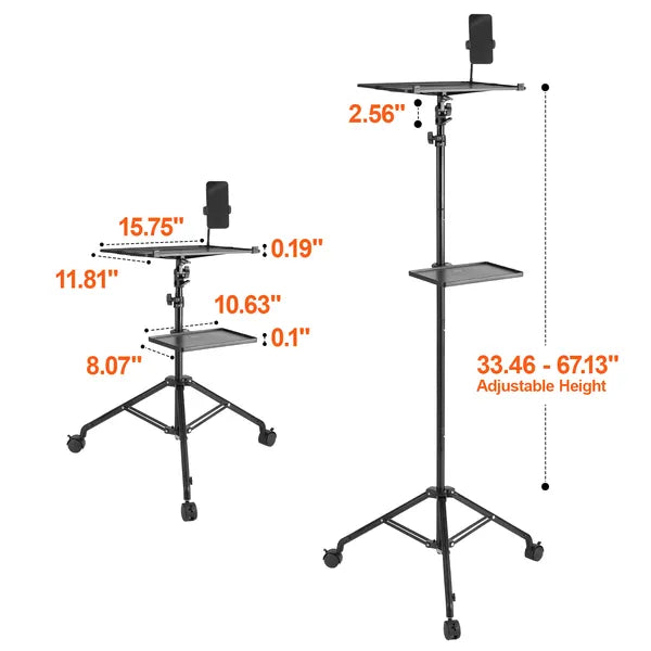 Aeelleea Rolling Projector Tripod Stand, 31.3-67.3 Inch Adjustable Laptop Stand with 2 Trays, Gooseneck Phone Holder for Home Office Studio Outdoor Use