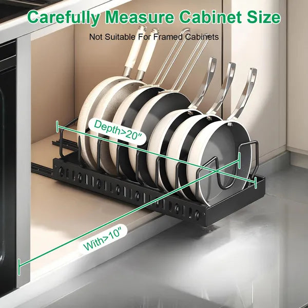 Pull Out Cabinet Pot Pan Organizer, Adjustable Carbon Steel Slide Out Rack for Pots, Pans, Lids, Kitchen Cabinet Storage Holder