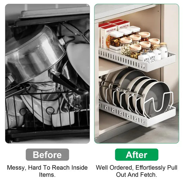Pull Out Cabinet Pot Pan Organizer, Adjustable Carbon Steel Slide Out Rack for Pots, Pans, Lids, Kitchen Cabinet Storage Holder