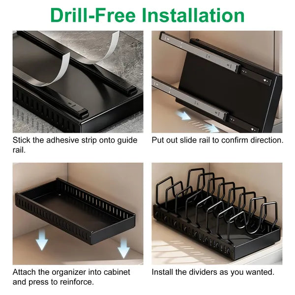 Pull Out Cabinet Pot Pan Organizer, Adjustable Carbon Steel Slide Out Rack for Pots, Pans, Lids, Kitchen Cabinet Storage Holder
