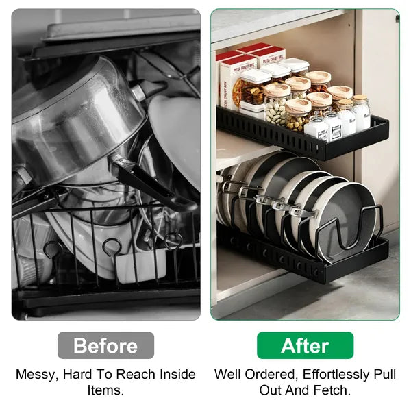 Pull Out Cabinet Pot Pan Organizer, Adjustable Carbon Steel Slide Out Rack for Pots, Pans, Lids, Kitchen Cabinet Storage Holder