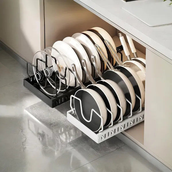 Pull Out Cabinet Pot Pan Organizer, Adjustable Carbon Steel Slide Out Rack for Pots, Pans, Lids, Kitchen Cabinet Storage Holder
