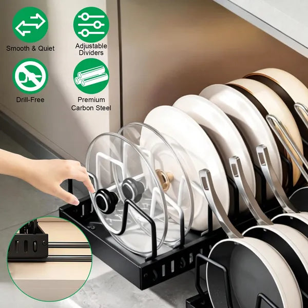 Pull Out Cabinet Pot Pan Organizer, Adjustable Carbon Steel Slide Out Rack for Pots, Pans, Lids, Kitchen Cabinet Storage Holder