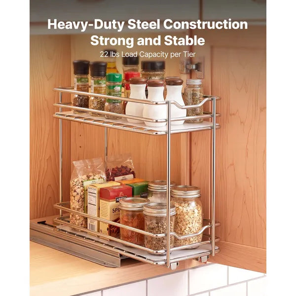 2 Tier Pull Out Spice Rack for Cabinet, Heavy Duty Steel Kitchen Organizer with Ball Bearing Slides, Narrow Cabinet Spice Storage Rack