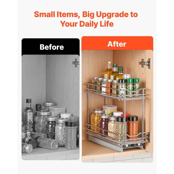 2 Tier Pull Out Spice Rack for Cabinet, Heavy Duty Steel Kitchen Organizer with Ball Bearing Slides, Narrow Cabinet Spice Storage Rack