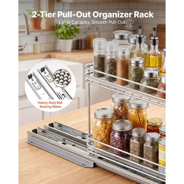 2 Tier Pull Out Spice Rack for Cabinet, Heavy Duty Steel Kitchen Organizer with Ball Bearing Slides, Narrow Cabinet Spice Storage Rack
