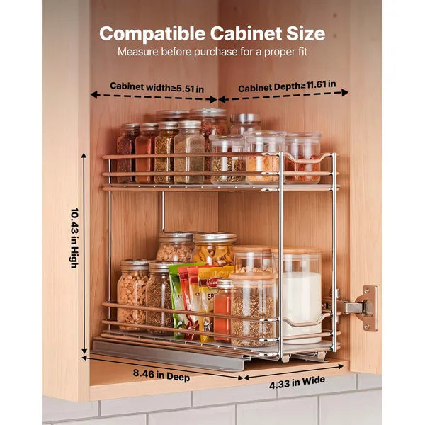 2 Tier Pull Out Spice Rack for Cabinet, Heavy Duty Steel Kitchen Organizer with Ball Bearing Slides, Narrow Cabinet Spice Storage Rack